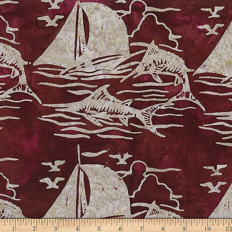 At the Pier Sail boats Fish Burgundy Sand Banyan Batiks Cotton Batik Fabric BB-80373-24