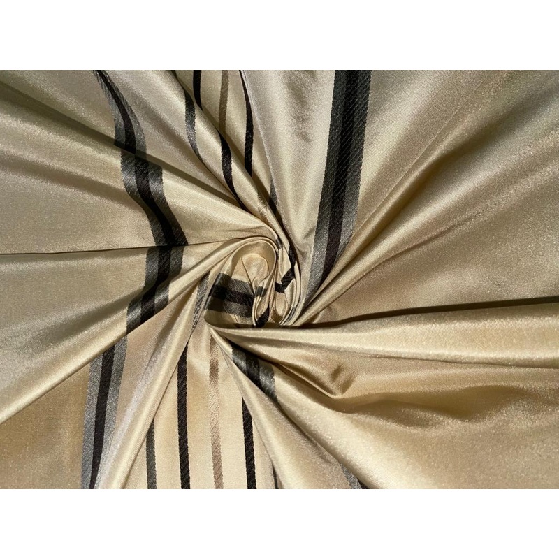 100% SILK TAFFETA FABRIC gold beige with black satin stripes-54" wide TAF#S128