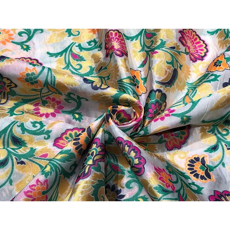 Silk Brocade fabric with multi color floral jacquard and metallic gold available in 3 colors white,green , and pink BRO1014 white