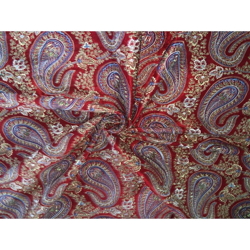 100% Silk dupioni EMBROIDERY 44" WIDE red color with blue paisley embroidery DUPE71