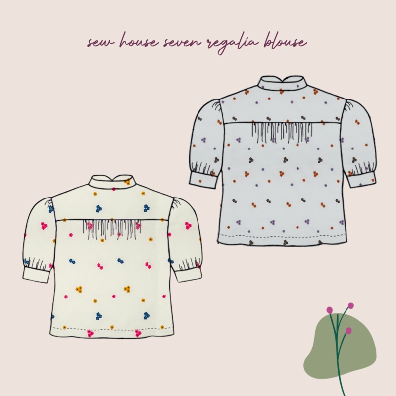 Sewing Kit - Regalia Blouse in Embroidered Cotton Standard Sizes 2.5m - Ecru - with pink/yellow/petrol flowers
