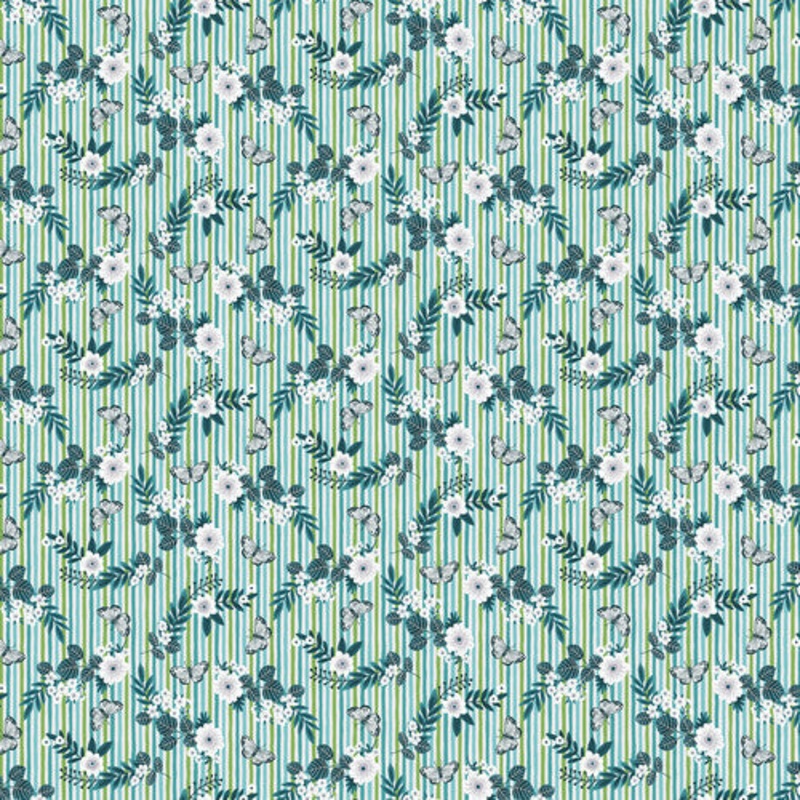 Tropical Menagerie Stripe Floral Aqua Green Sharon Lee Studio E Cotton Fabric