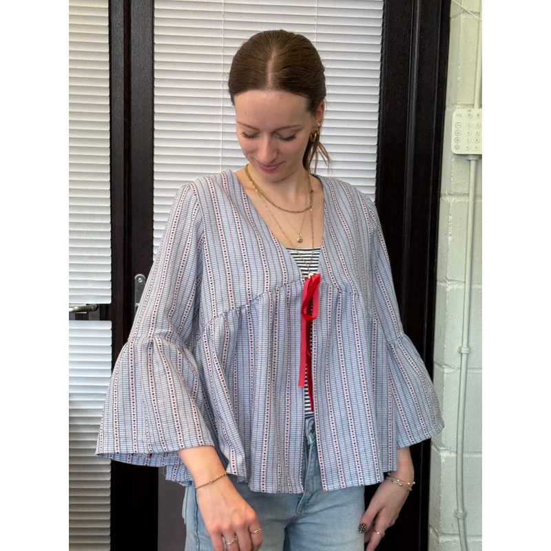 Sewing Kit - Cousette Castagnette Blouse in Light Blue with Hearts Gingham Cotton Jacquard