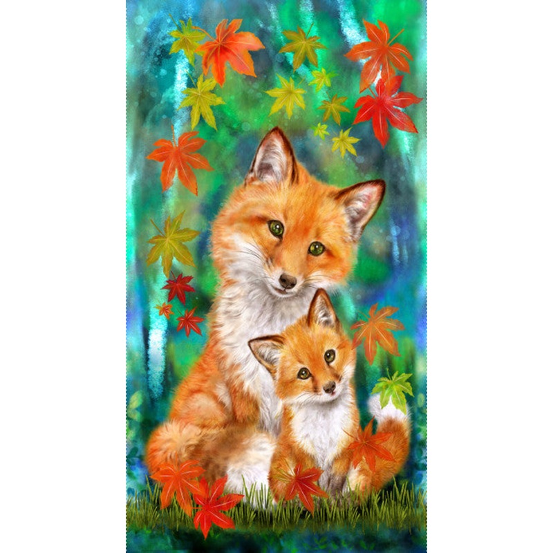 Auburn Fox Mother Fox and Cub Banner Panel 24" Teal Kayomi Harai Studio E Cotton Fabric