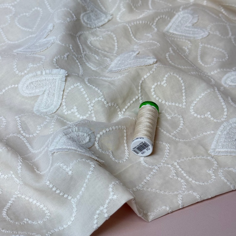REMNANT 0.92 Metres - Embroidered Hearts Cotton Voile Fabric
