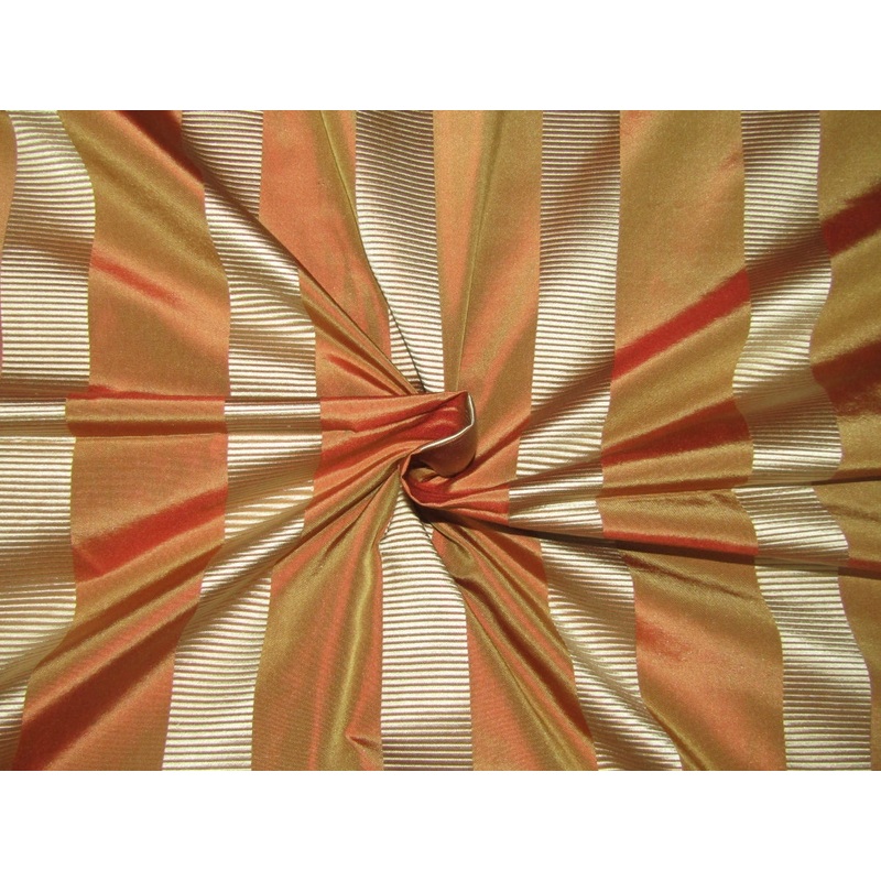 Silk Taffeta Fabric iridescent gold x red colour with satin jacquard stripes 54" wide TAFSJ13