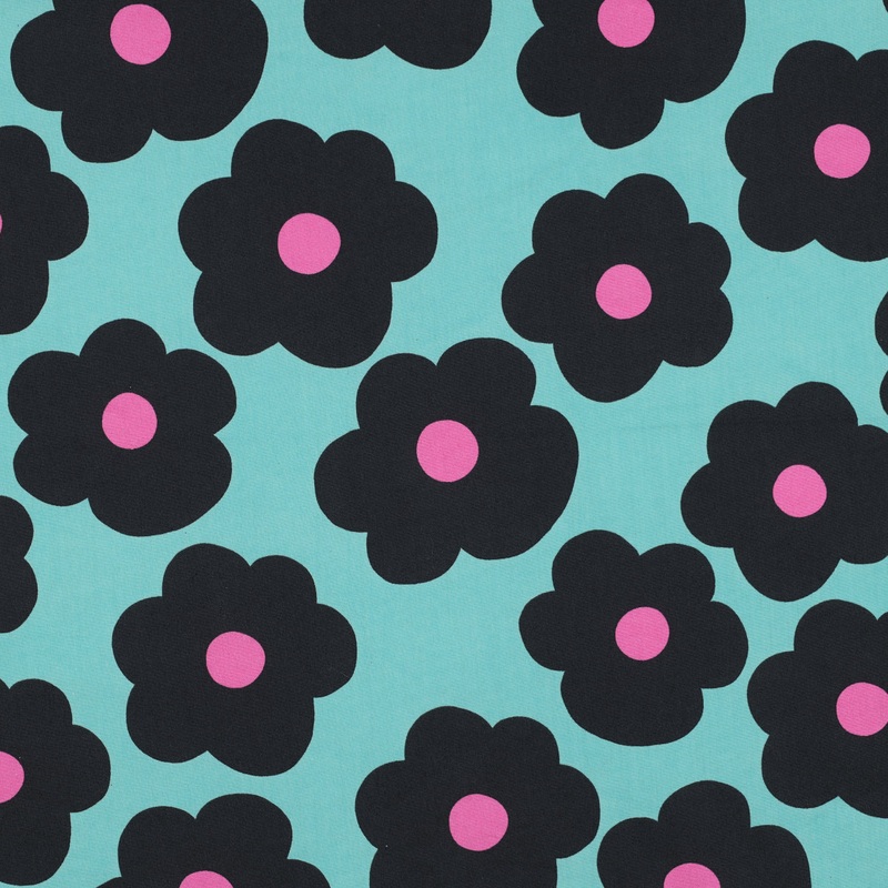 Big Flowers on Sea Blue Cotton Poplin Fabric