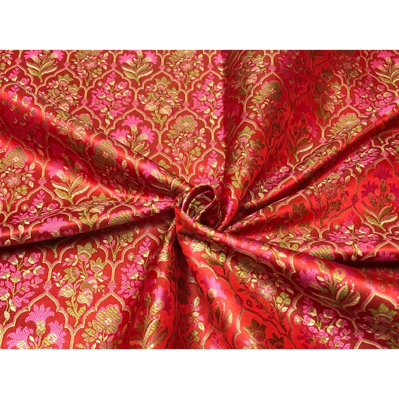 Silk Brocade fabric floral motif within geometric motif available in 5 colors pink/hot pink/mustard gold/navy and biscuit BRO1107 reddish pink