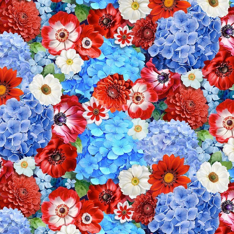 Stars & Stripes Packed Red White Blue Floral Cotton Fabric by the Yard