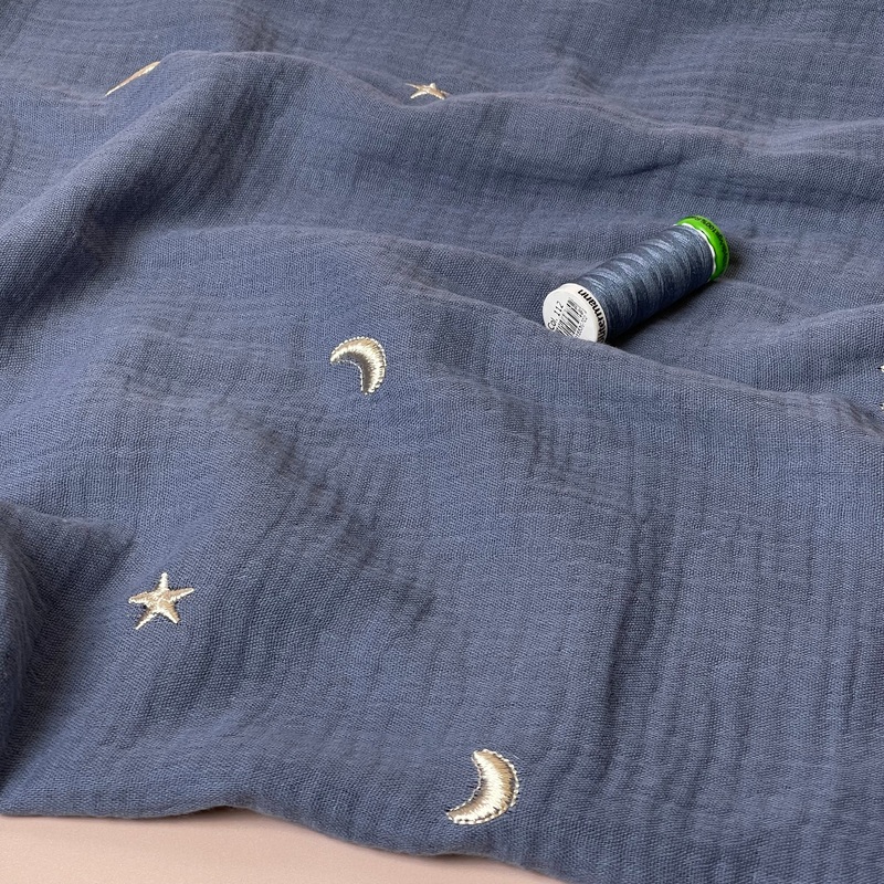 REMNANT 0.50 metre - Embroidered Metallic Moon and Stars on Dusty Blue Cotton Double Gauze