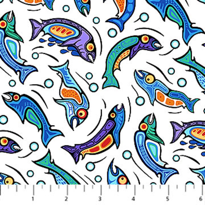Sacred Earth Fish White Multi Mark Anthony Jacobson Northcott Cotton Fabric NC-27110-10