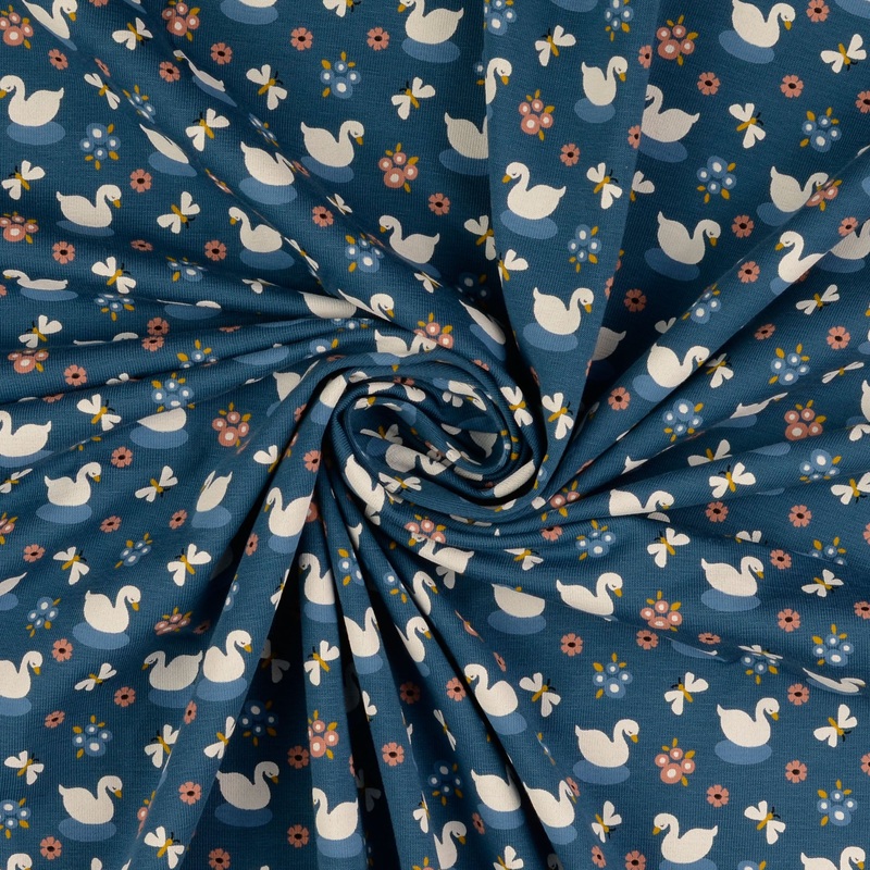 REMNANT 1.04 Metres - Swans Blue Organic Cotton Jersey Fabric
