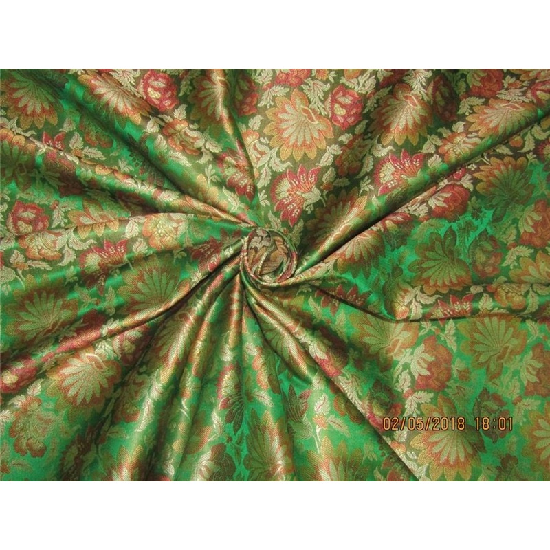 Silk Brocade fabric green & red 44"