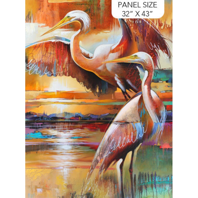 Tranquil Tides Egrets Panel 32" Ochre Multi Tim Parker Northcott Fabrics Cotton Fabric NC-DP27610-55