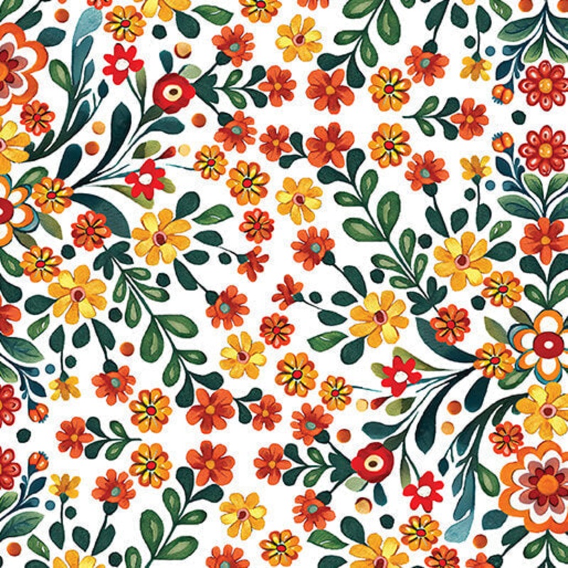 White Folklore Garden Cotton 44"/45" Fabric Per Yard