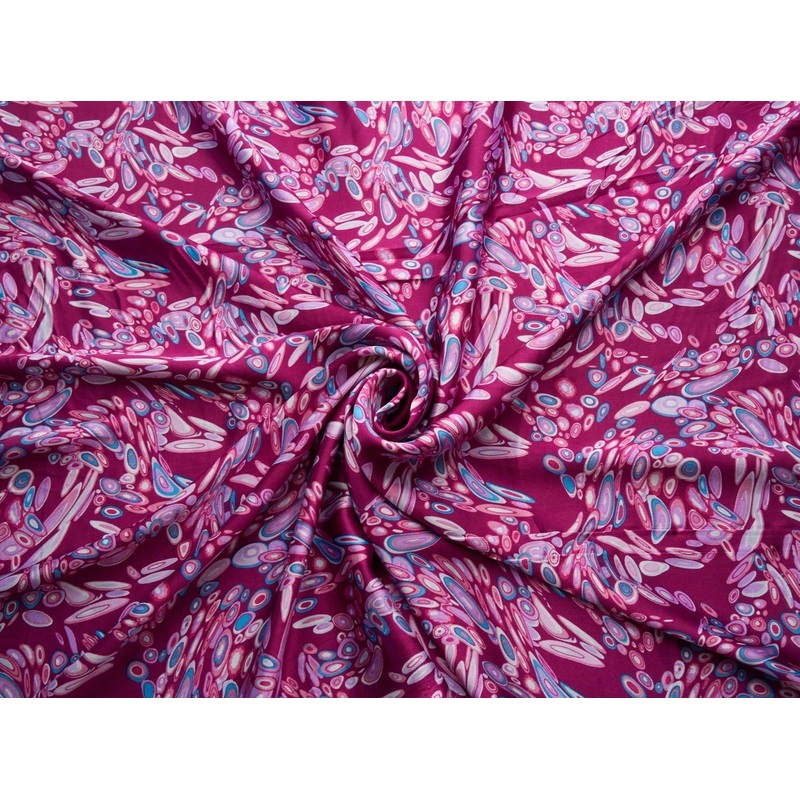 Faux silk charmeuse satin fabric by the yard - pink and blue circle pattern