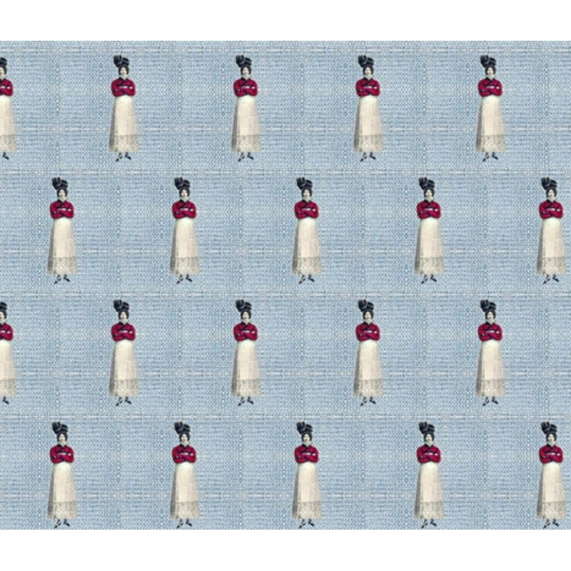 Red Lady Small on Cornflower Link Fabric