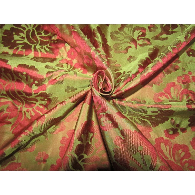 Silk taffeta jacquard fabric red x green iridescent REVERSABLE DAMASK TAFJ28d