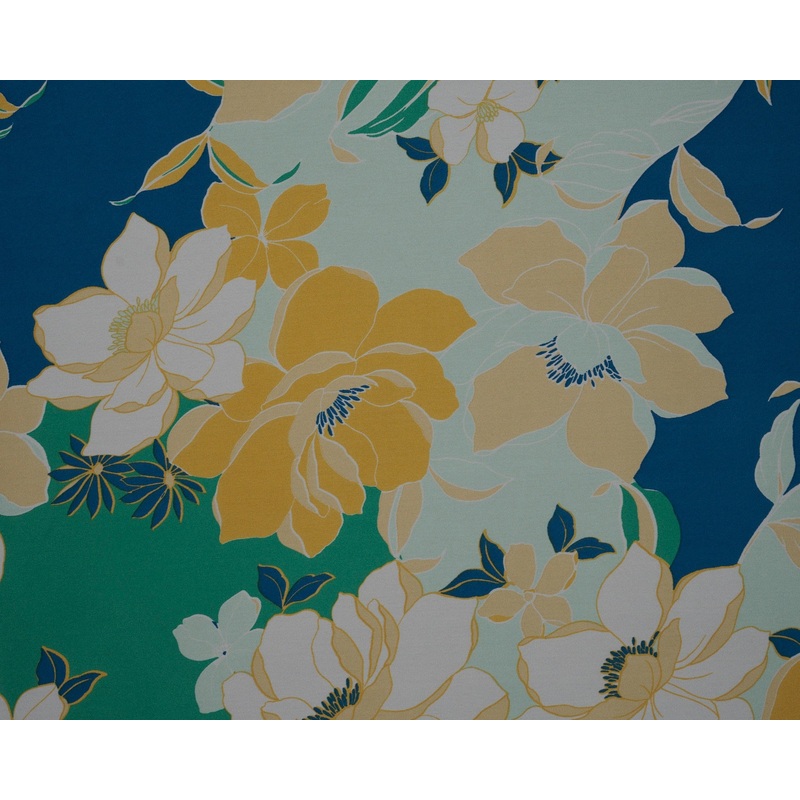 Blue and green floral print - silky satin Lightweight fabric