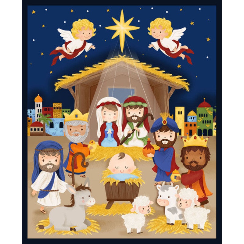 Away in a Manger Nativity Panel 36" Blue Satin Moon Designs Blank Quilting Cotton Fabric BQ-4195P-77
