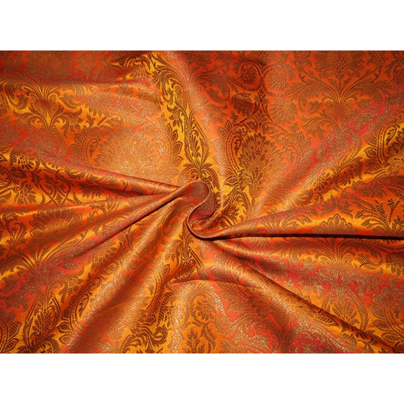 Silk Brocade fabric mango x red with gold metallic 44" BY THE YARD