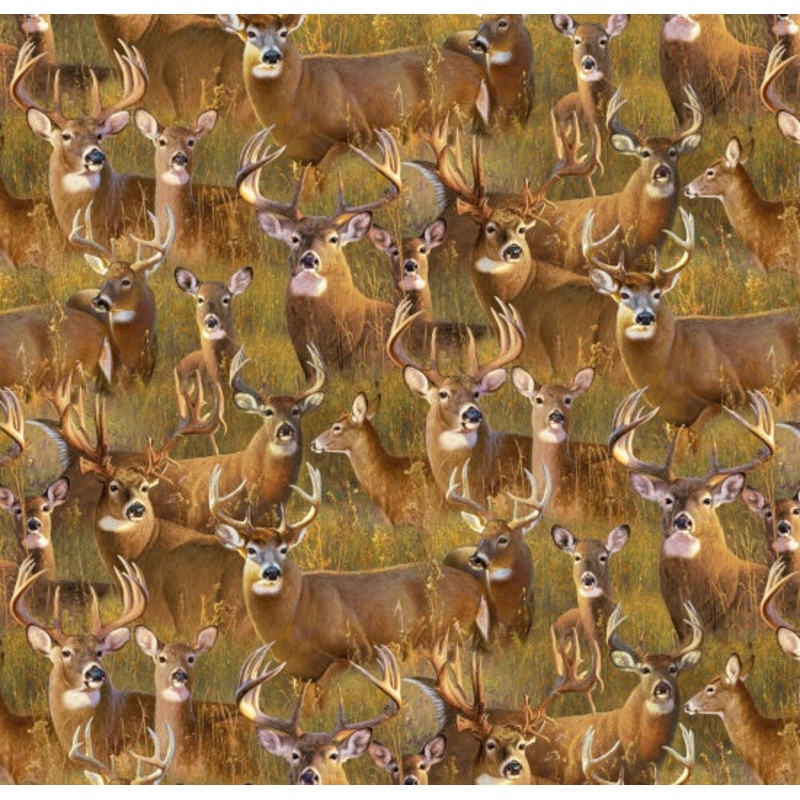 A Buck Stops Here Packed Deer Gold Hayden Lambson Elizabeth's Studio Cotton Fabric ES-44002-Gold