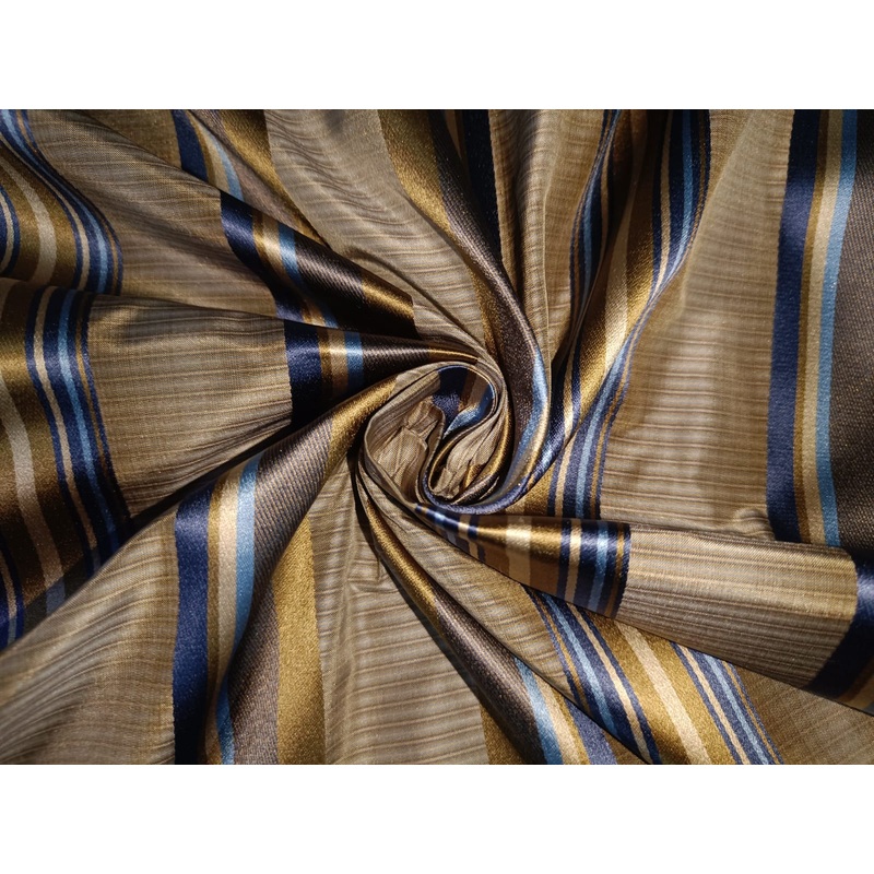 100% SILK TAFFETA FABRIC gold beige/blue with satin stripes 54" wide TAF#S130[1