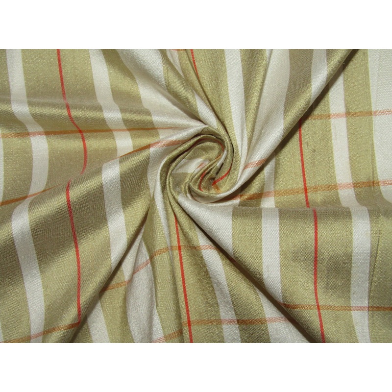100% silk dupion ivory ,golden olive and orange plaids fabric 54" wide