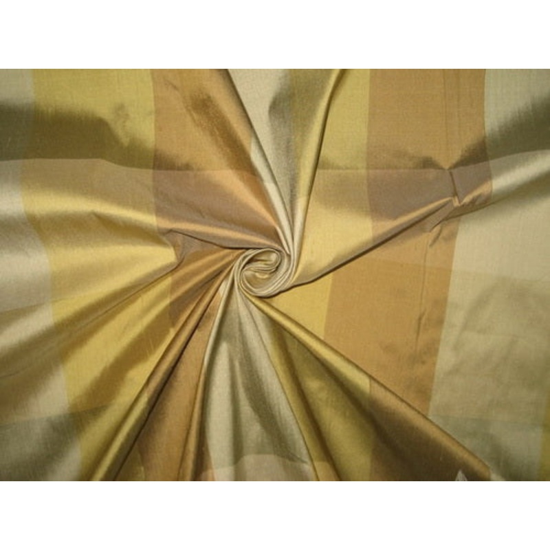 100% Silk Dupion Fabric Ivory Cream/Gold Plaids brown and gold 54" wide DUP#C50