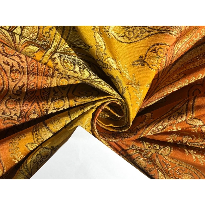100% Silk Taffeta Jacquard Fabric SHADED RUSTY ORANGE AND GOLD LEAVES TAFJACNEW16
