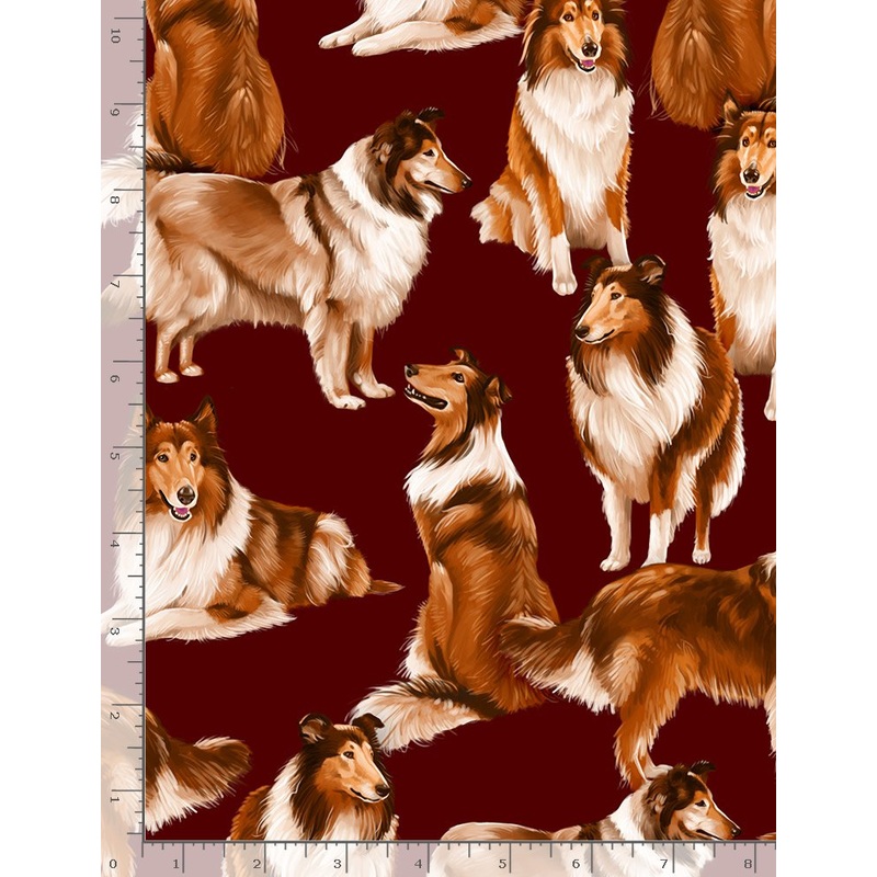 Realistic Collies Dogs Maroon George McCartney Timeless Treasures Cotton Fabric