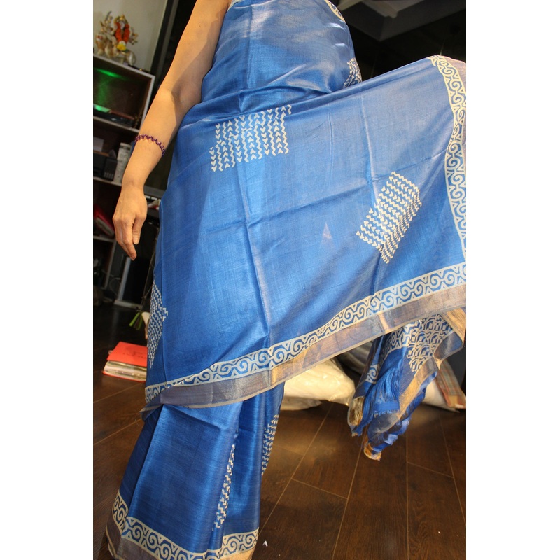 100% Silk Tussar Blue Indian sari with jacquard border