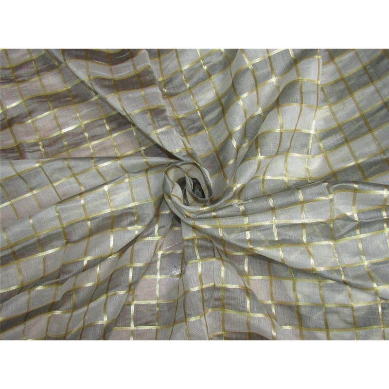 silk chanderi Brocade fabric plaids grey/ivory/gold 44" wide