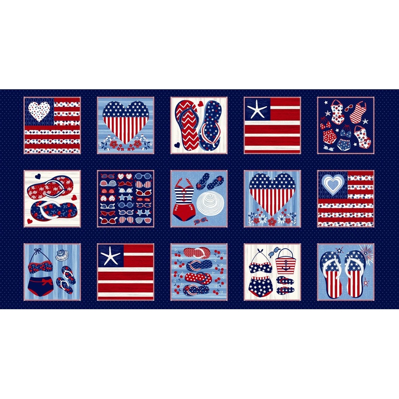 Star-Spangled Beach Blocks Patriotic Panel 24" Navy Blue Sharon Lee Studio E Cotton Fabric