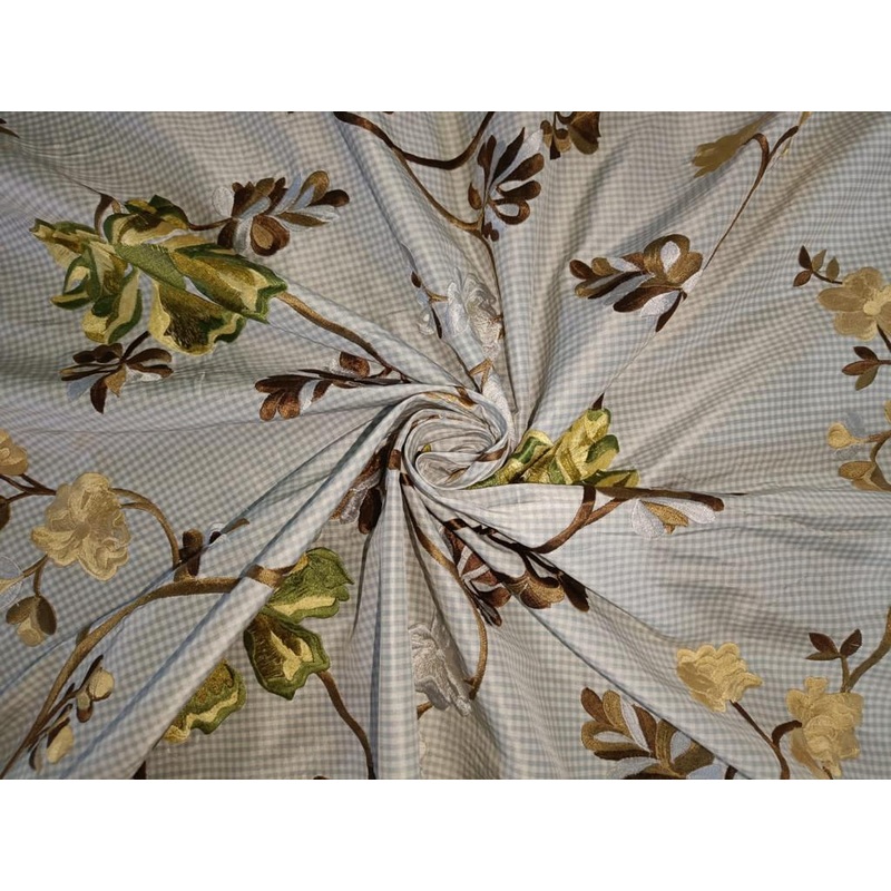 100% Silk Taffeta floral embroidery on ivory and blue plaids 54" wide 74.70MOMME TAFEMB21
