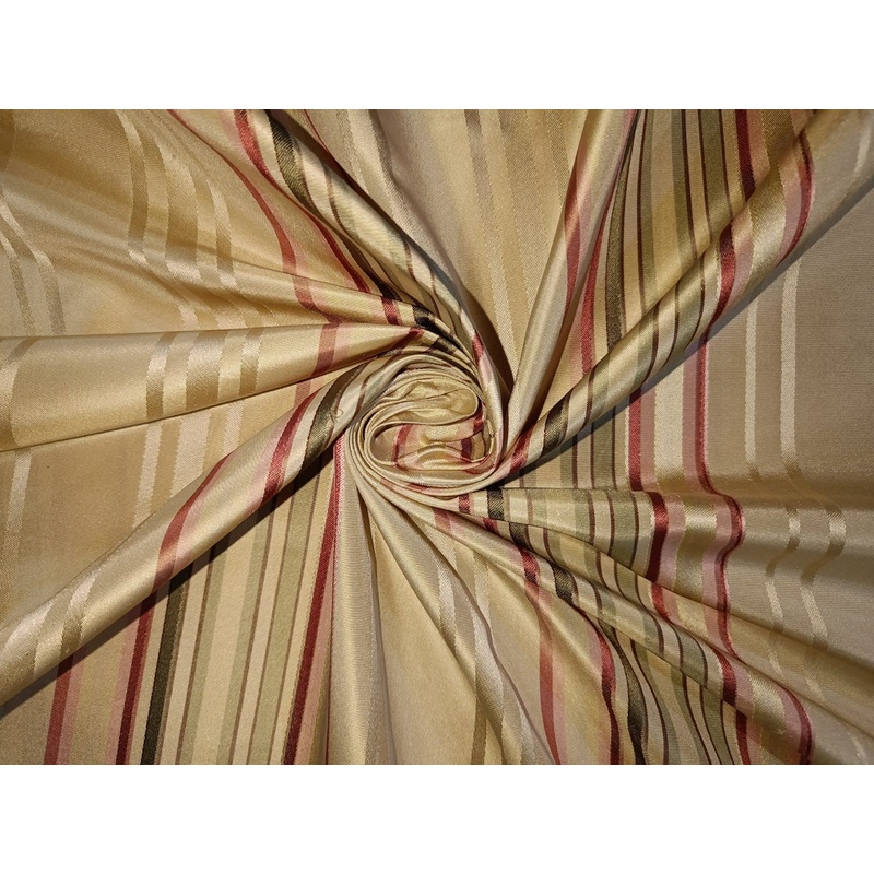 100% Silk Taffeta Fabric Butter/Cream/Gold ,pink and green stripes 54" wide TAFS108