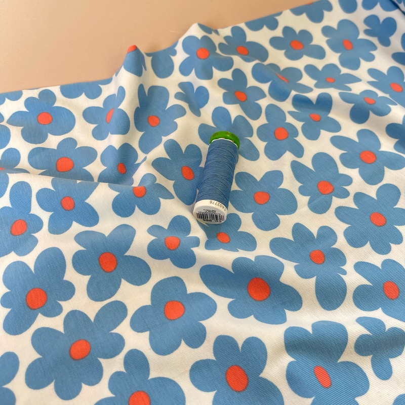 REMNANT 1.4 Metres (plus small extra length with fault) Fun Flowers in Blue Cotton Jersey Fabric
