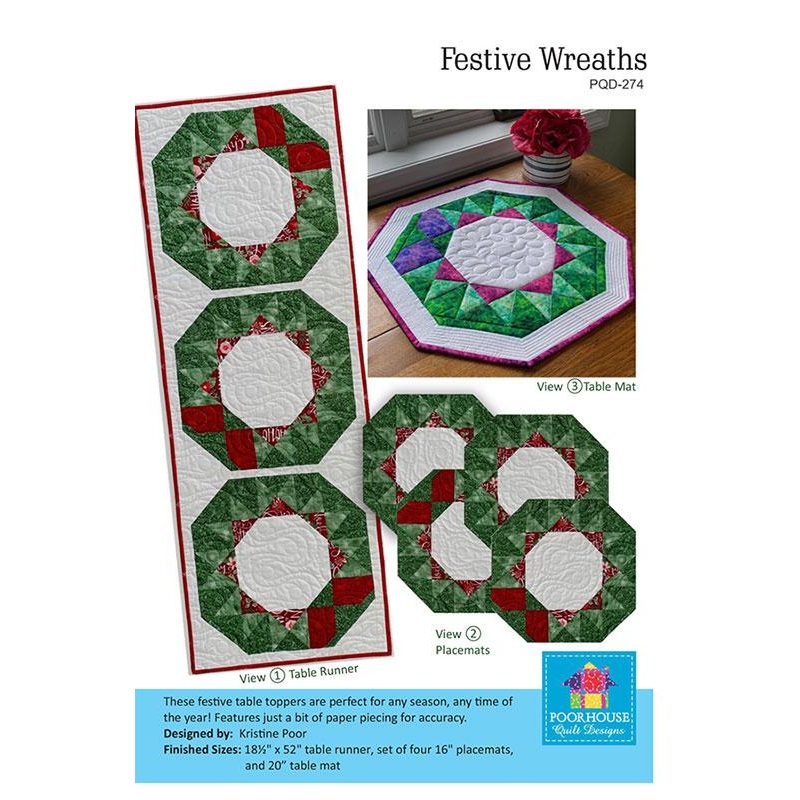 Festive Wreaths Tabletop 18.5" x 52" Kristine Poor Poorhouse Quilt Design PQD-274