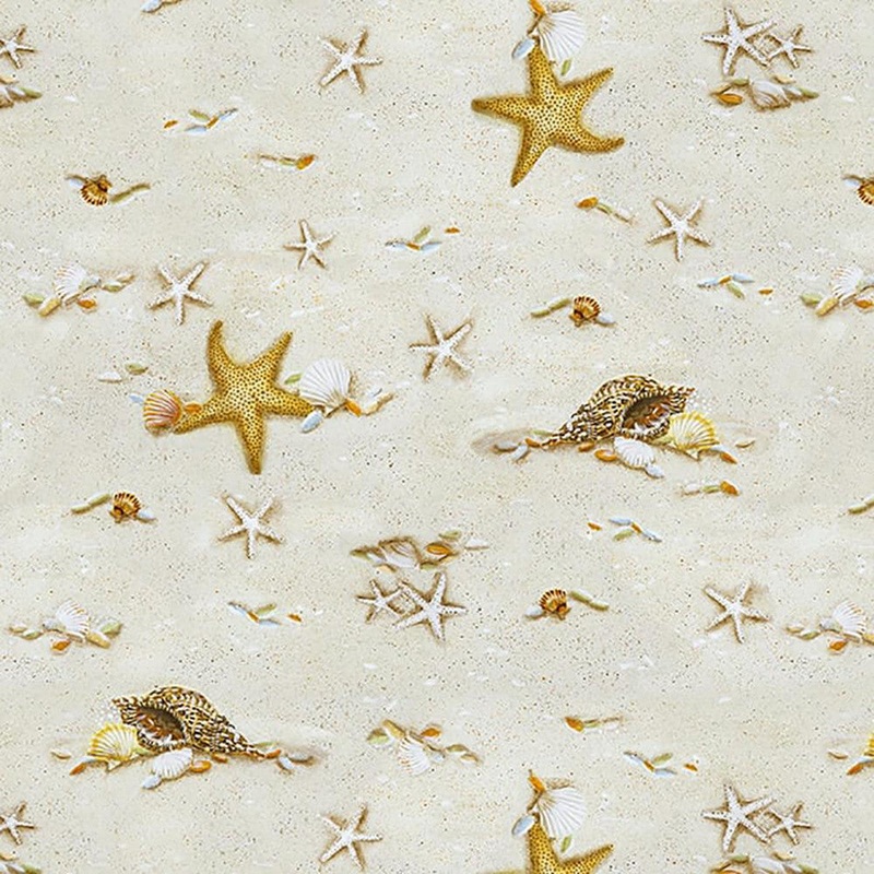 Turtle March Starfish and Seashells Sand Beige Lisa Marie Sparling Henry Glass Cotton Fabric HG-1142-31