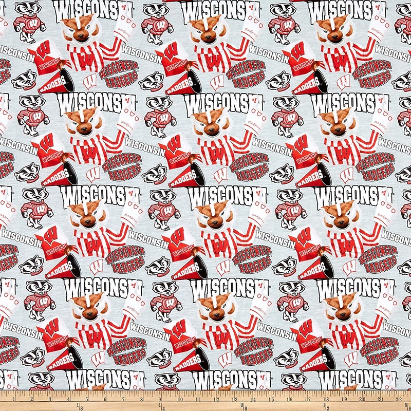 Wisconsin Badgers NCAA Collegiate Mascot Heather Print Gray Sykel Cotton Fabric WIS-1164