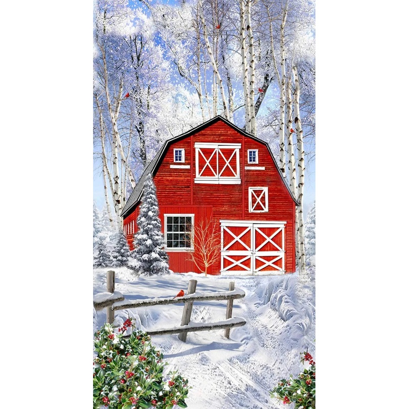 Red Winter Barn Fabric Panel 24" Timeless Treasures Cotton Quilt Fabric