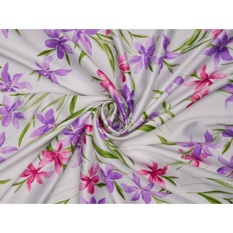 Faux silk charmeuse satin fabric by the yard - Lilly floral print WHITE