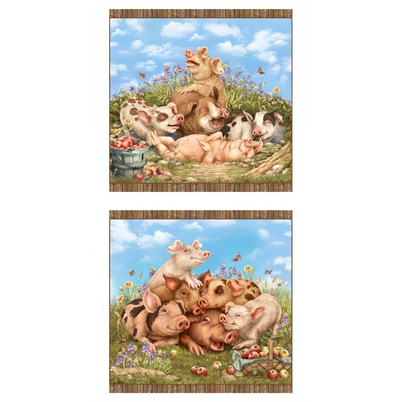 Think Happy Block Pig Panel 24" White Beverly Levi-Parker Elizabeth's Studio Cotton Fabric