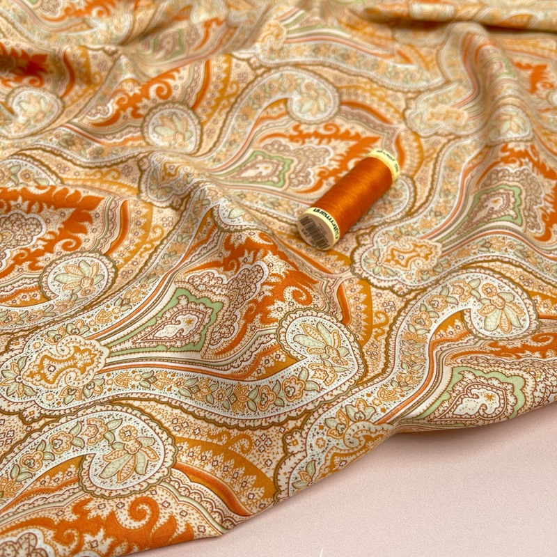 REMNANT 0.3 Metre - Orange Paisley Cotton Lawn Fabric