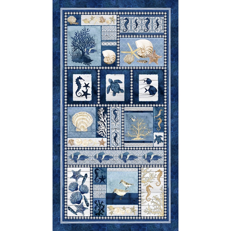 Seaside Serenity Panel 24" Navy AJ's Watercolor Studio Blank Quilting Cotton Fabric