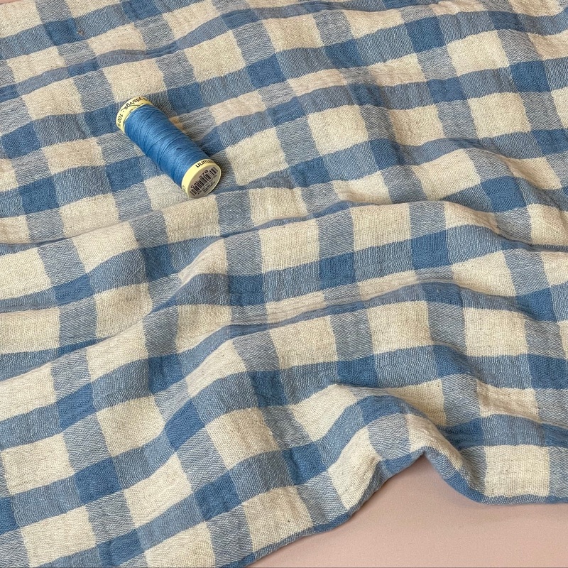 REMNANT 1.34 Metres - Yarn Dyed Blue Checks Cotton Linen Double Gauze