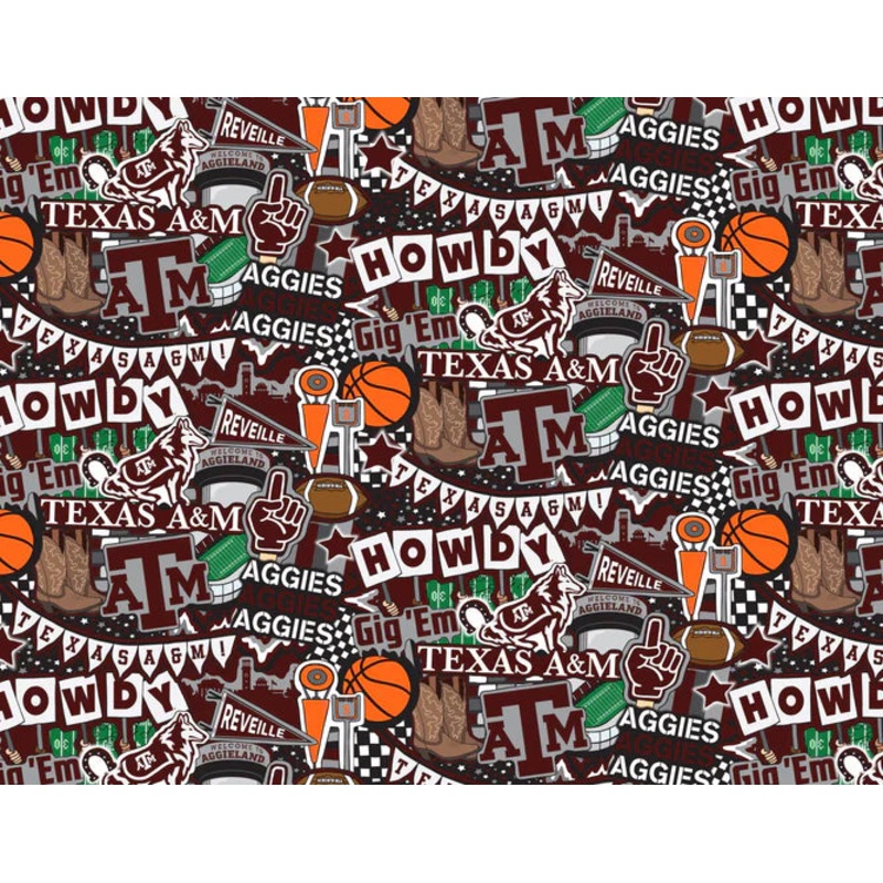 Texas A&M Aggies NCAA College Doodle Allover Sammy Sykel Cotton Fabric TAM-2001