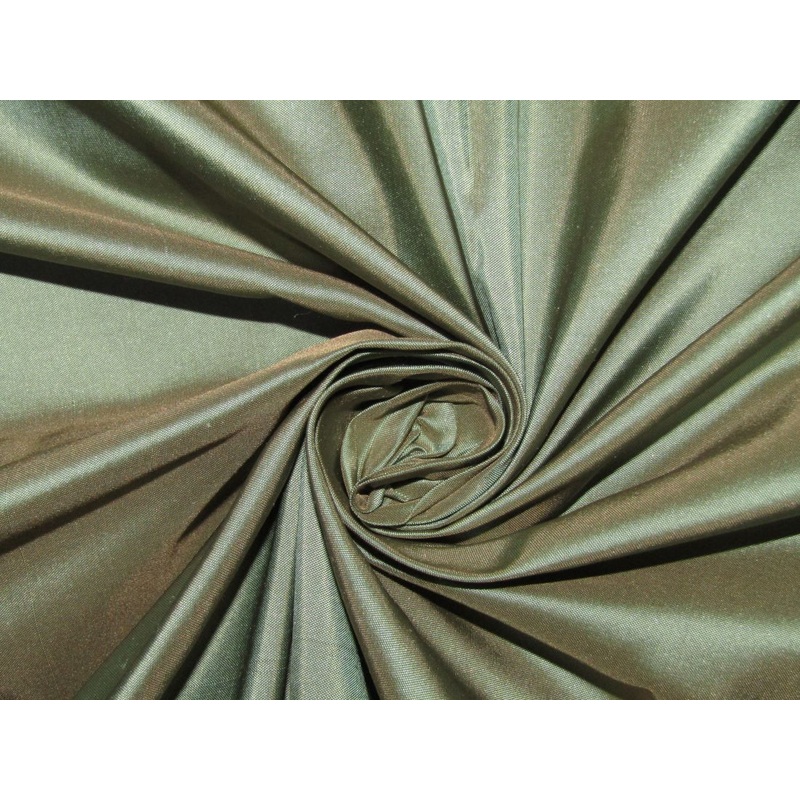 100% PURE SILK TAFFETA FABRIC IRIDESCENT EYE GREEN X BEIGE 54" wide TAF248