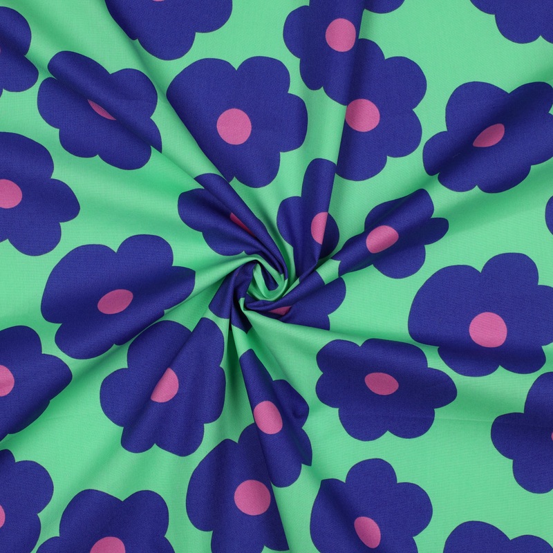 Big Flowers on Green Cotton Poplin Fabric