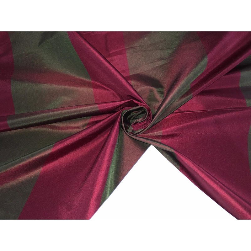 100% PURE SILK DUPIONI FABRIC stripes BURGANDY AND IRREDESCENT GREEN X RED COLOR 54" WIDE single length 4.85 yds DUPcutS7